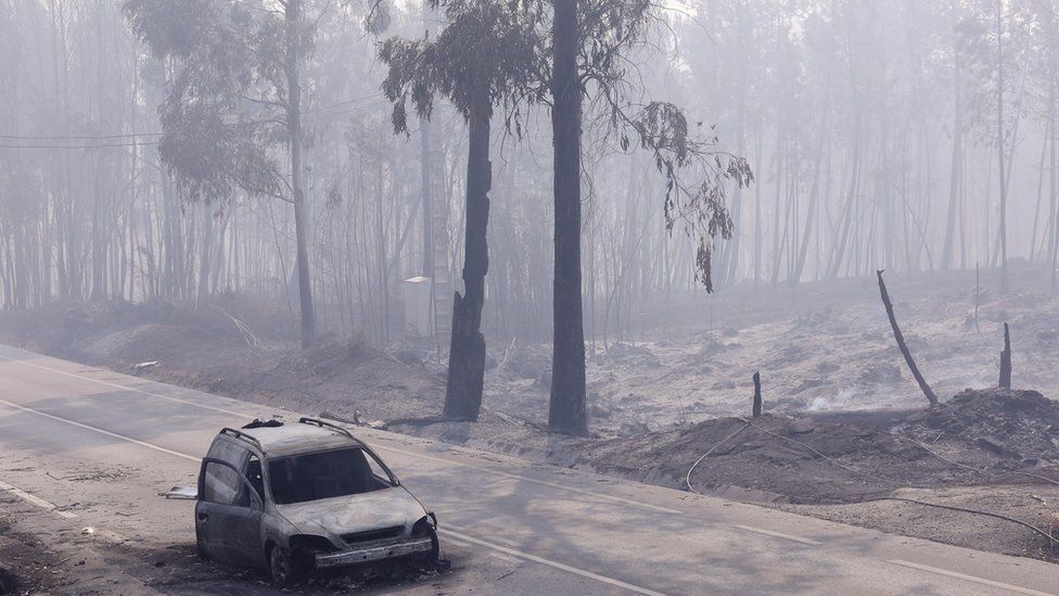 A burned car at N236 road between Figueiro dos Vinhos and Castanheira de Pera, near Pedrogao Grande, central Portugal, 18 June 2017