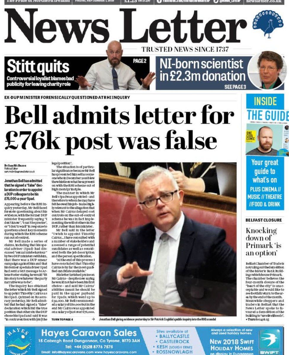 front page of the News Letter Friday 7 September 2018
