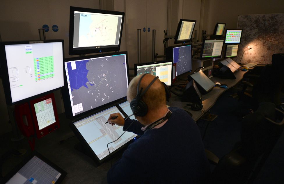 Air traffic controllers at work in Manchester Airport