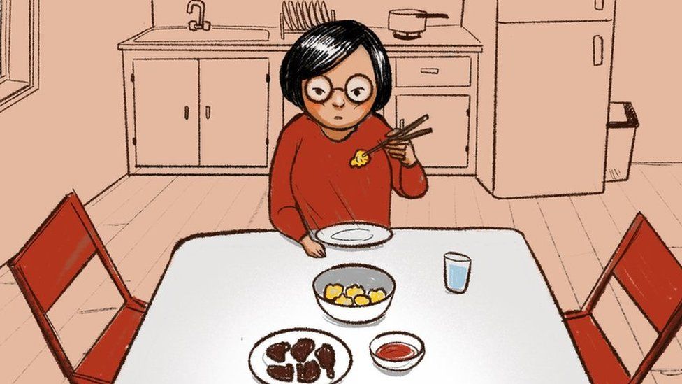 Illustration of a woman eating alone