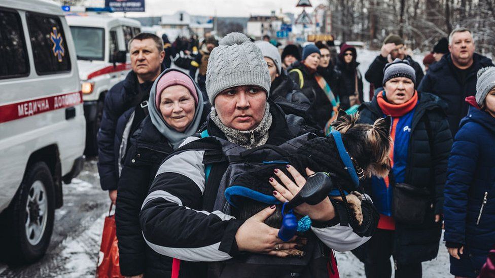 Civilians fleeing Irpin, near Kyiv, 8 Mar 22
