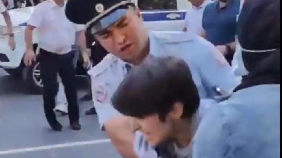 A protester is arrested in Dagestan