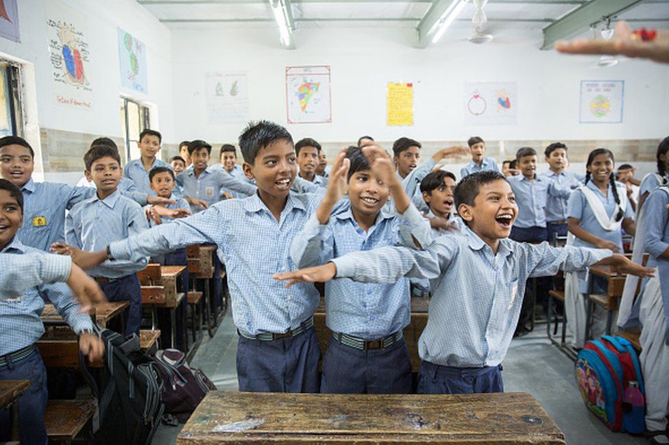A class of 59 students of a Government Senior Secondary School attend a Happiness Class which includes a mix of yoga, music, moral science etc as a part of newly launched program by the Delhi Government to emphasise on mental health and well being in New Delhi, India on July 13, 2018