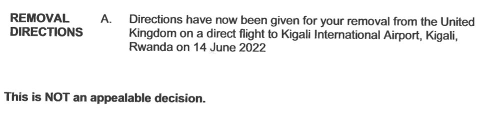 Document telling asylum seekers they will be flown to Rwanda on 14 June 2022 and it is not an appealable decision