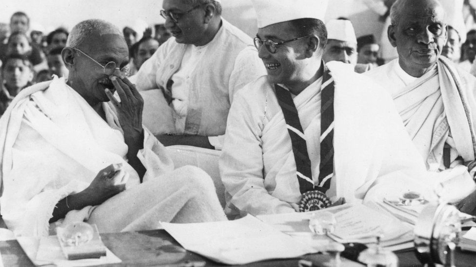 Subhash Chandra Bose (second from right) with Mahatma Gandhi in 1938