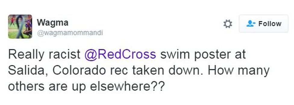 Tweet that reads: Really racist @RedCross swim poster at Salida, Colorado rec taken down. How many others are up elsewhere??