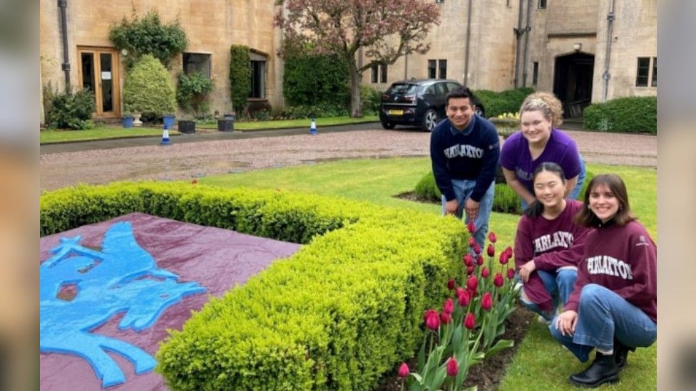 American students with tulips at Harlaxton Manor