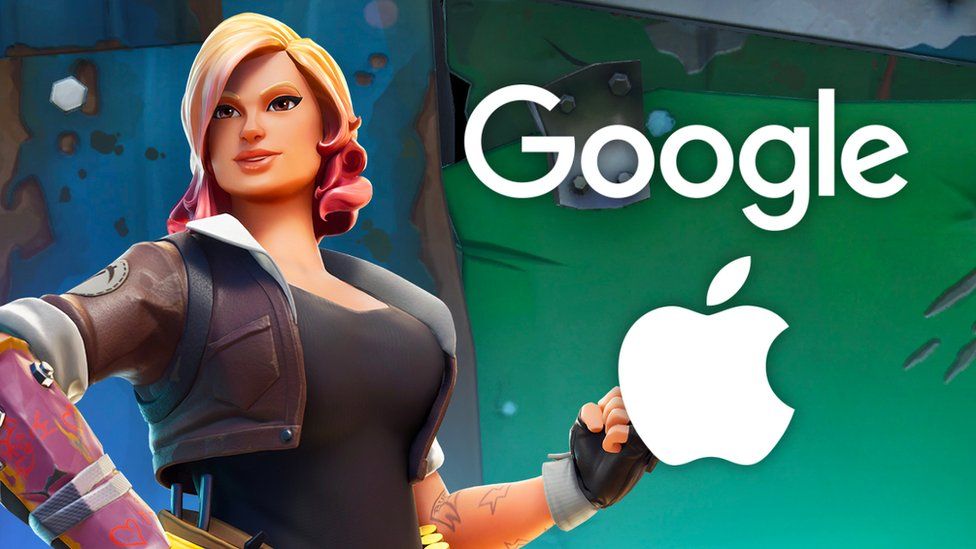 A Fortnite character with a stance reminiscent of famous wartime icon "Rosie the Riveter" stands next to superimposed Google and Apple logos in this image