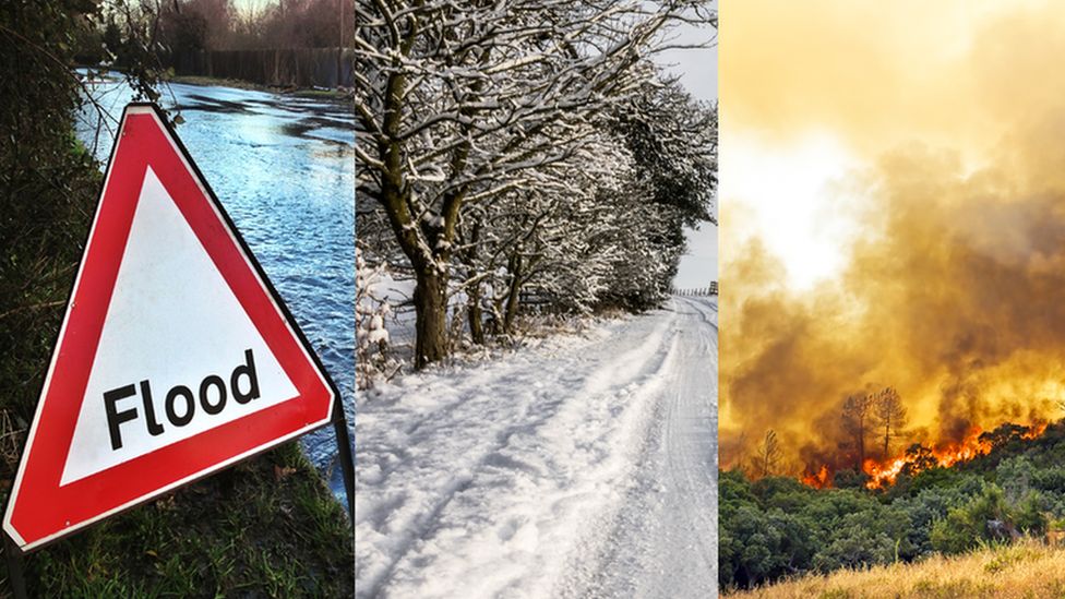 Pictures of flooding, snowy weather and a countryside wildfire