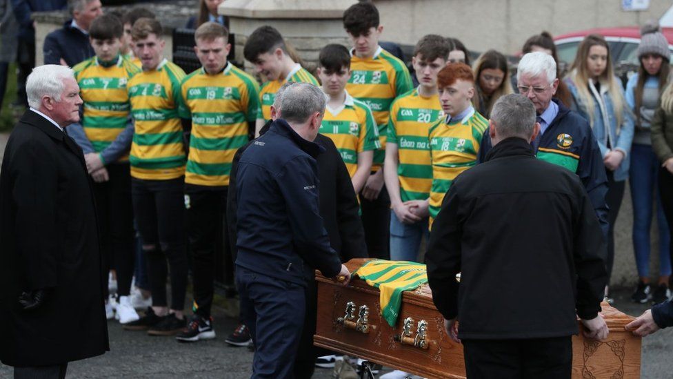 The coffin arrives for the funeral of Connor Currie at St Malachy's Church, Edendork.
