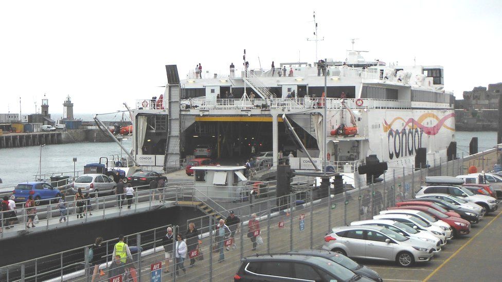 Condor Liberation loading in St Peter Port Harbour