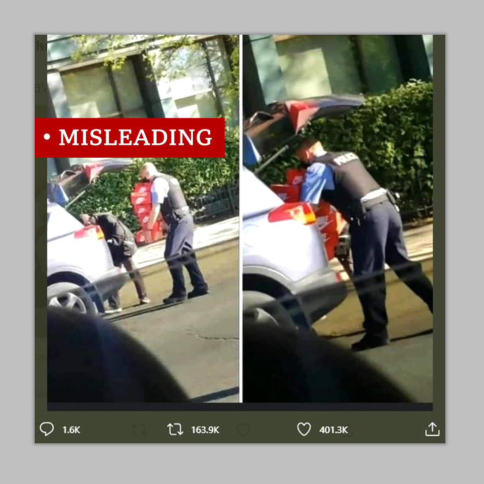 Screenshot of a police officer loading boxes of trainers into the boot of a car. We labelled it "misleading"