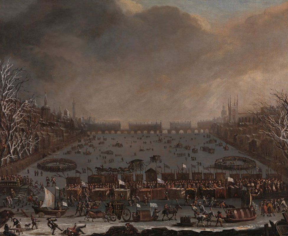Frost Fair on the Thames, with Old London Bridge in the distance, Unknown artist, seventeenth century
