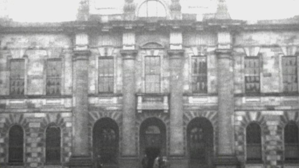 Black and white photograph of the Union Theological College facade