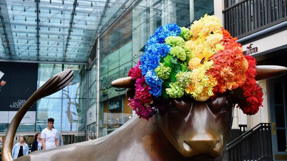 Bullring bull with a rainbow wig