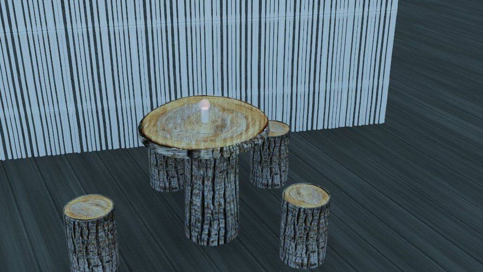 Computer image of log chairs and table