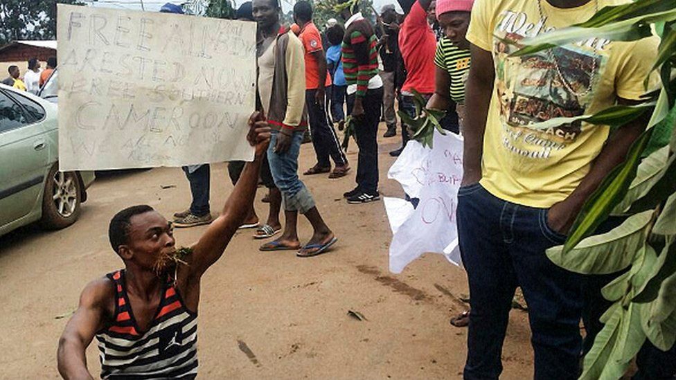 A demonstrator carries a sign calling for the liberation of detained activists during a protest on 22 September 2017 in Bamenda, the main town in north-west Cameroon