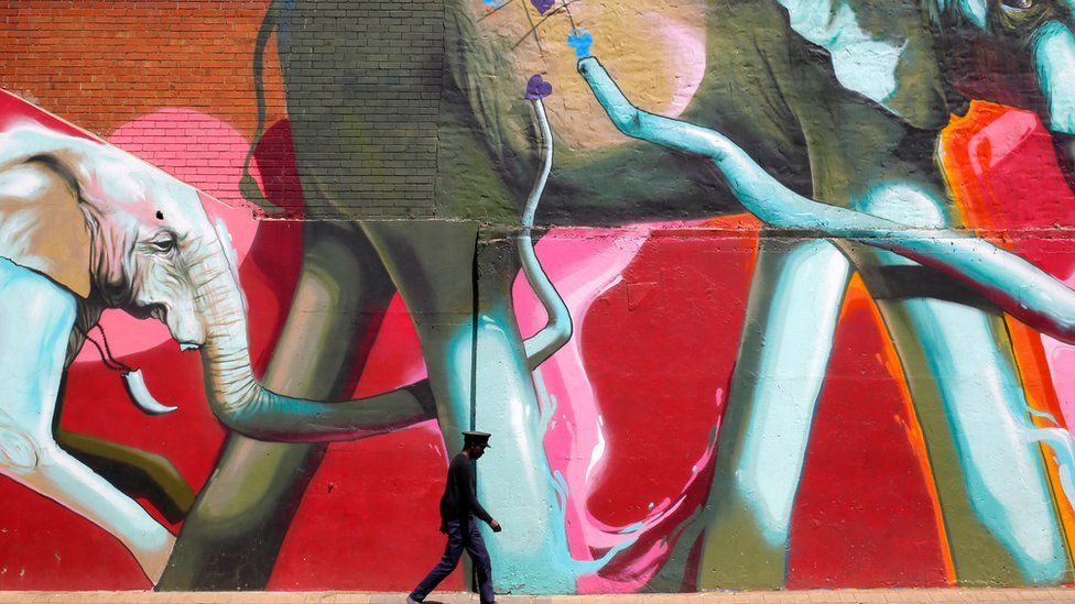A man walks past a huge graffiti artwork depicting elephants in downtown Johannesburg, South Africa, 10 October 2017. The artwork by "Falko" is part of the newly formed graffiti tours that take people through the streets of the city to introduce them to the graffiti and who painted them.