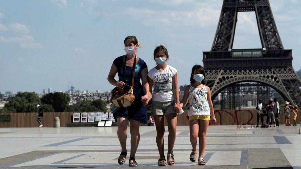 People wear a protective face mask in front of the Eiffel Tower