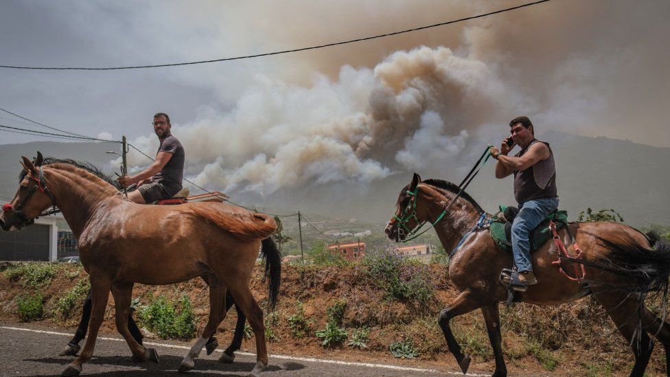 Двое мужчин верхом на лошадях, позади них виден дым.