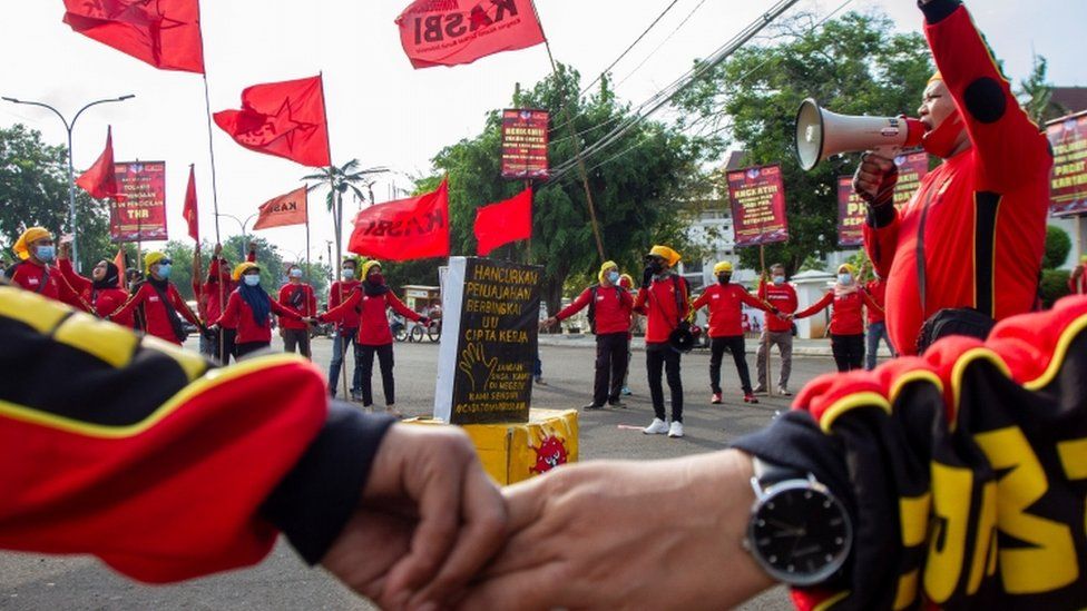 Members of Indonesian labour organizations join a May Day rally in Karawang