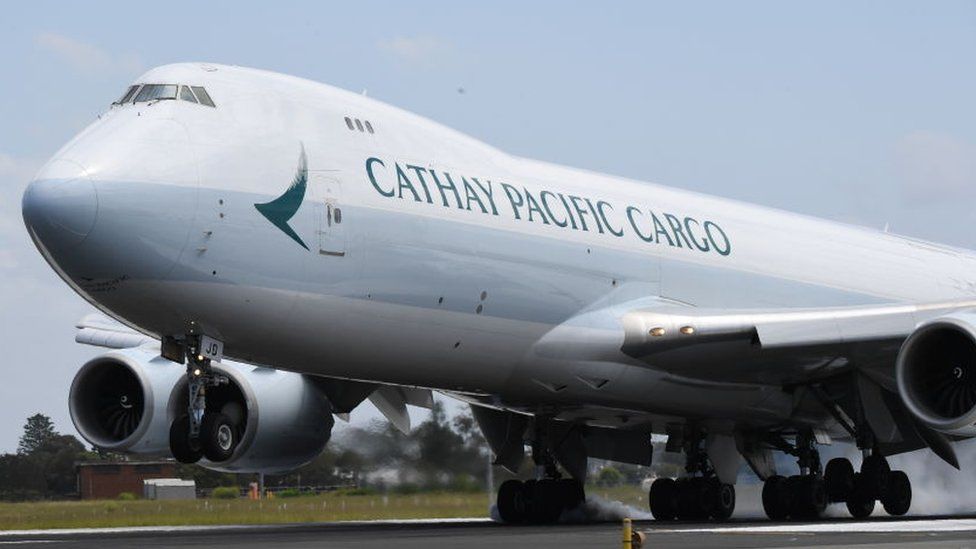 A Cathay Pacific Cargo Boeing 747 aircraft lands at Sydney Airport on 9 November 2021.