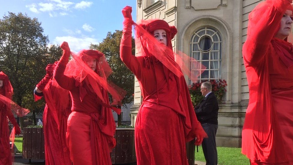 Extinction Rebellion protestors outside Cardiff City Hall
