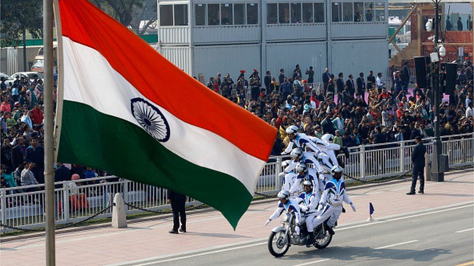 ITBP motorcycle daredevil team members perform at Kartvya Path during the full dress rehearsal for the upcoming Republic Day parade. India will celebrate its 74th Republic Day on 26 January 2023
