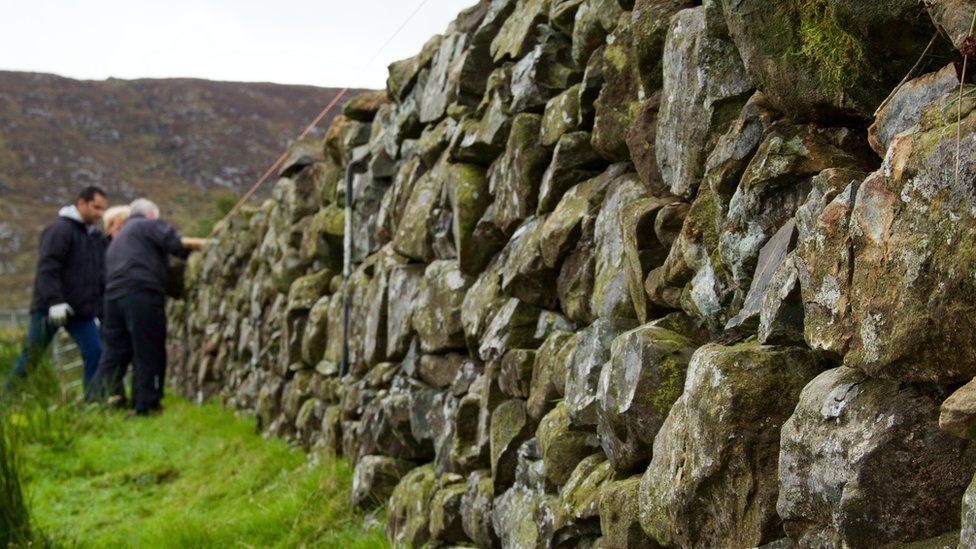 Volunteers working on a dry-stone wall in the Mournes