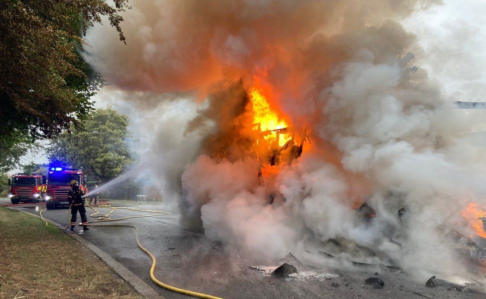 Fire crews tackling the bus fire