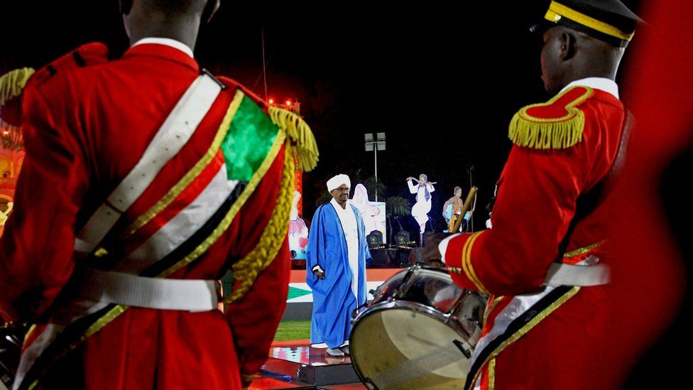 Soldiers with drums standing before President Omar al-Bashir, Khartoum, Sudan - Sunday 31 December 2017