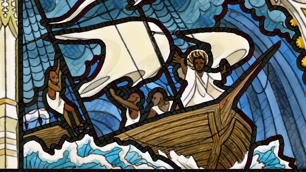 Stain glass window showing Jesus on a slaving voyage