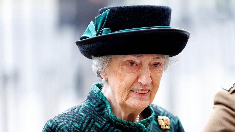 Lady Susan Hussey, Baroness Hussey of North Bradley (lady-in-waiting to Queen Elizabeth II) attends a Service of Thanksgiving for the life of Prince Philip, Duke of Edinburgh at Westminster Abbey on March 29, 2022 in London, England. Prince Philip, Duke of Edinburgh died aged 99 on April 9, 2021.
