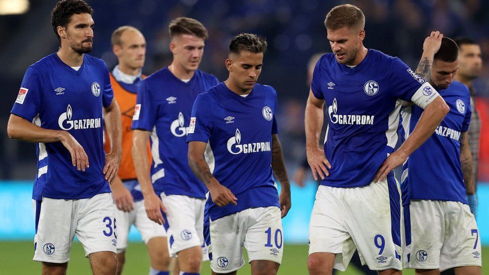Schalke players with the Gazprom logo on their shirts in September 2021