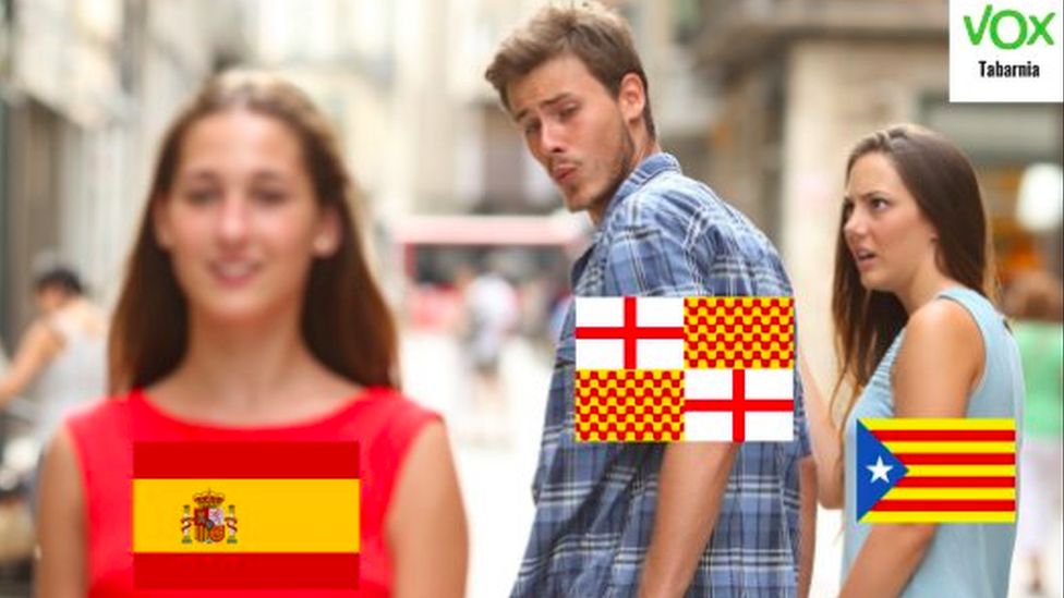 The 'girlfriend meme', featuring Tabarnia turning away from Catalonia to ogle Spain