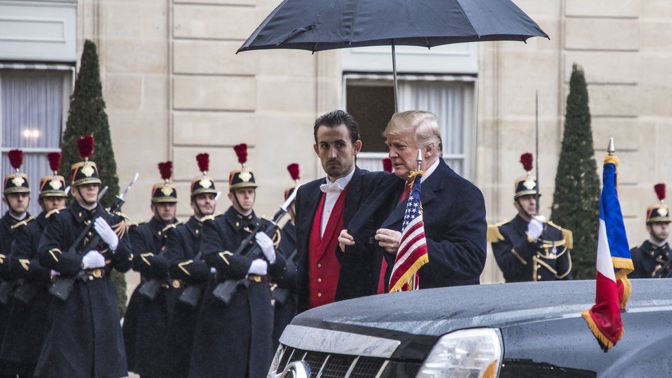 US President Donald Trump arrives at the Élysée Palace to meet with French President Emmanuel Macron in Paris, France, 10 November 2018