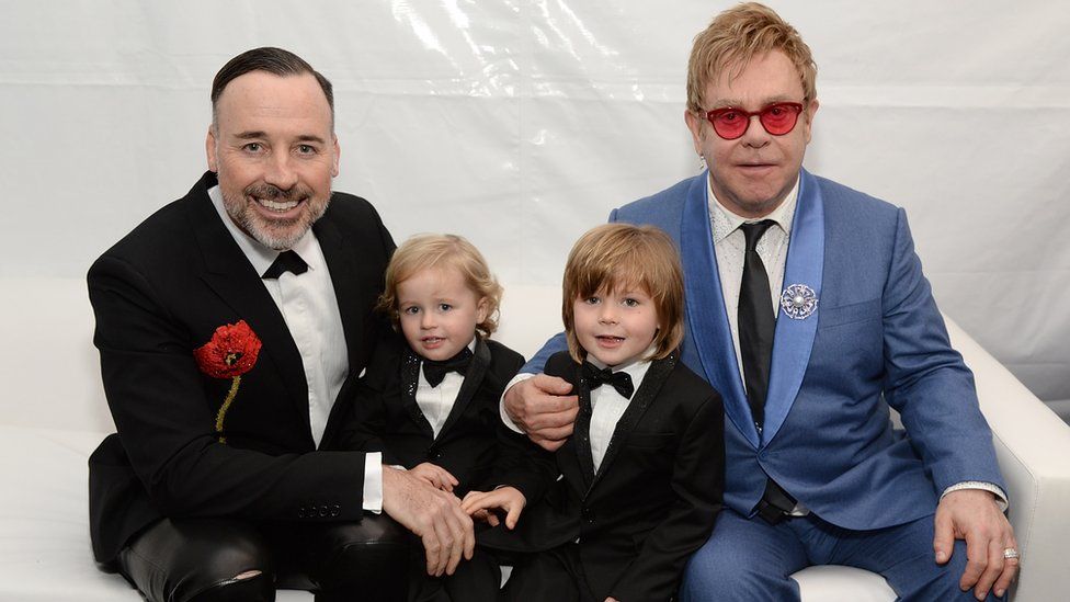 David Furnish and Sir Elton John with their sons, Elijah and Zachary at the Elton John AIDS Foundation Academy Awards Viewing Party in 2015