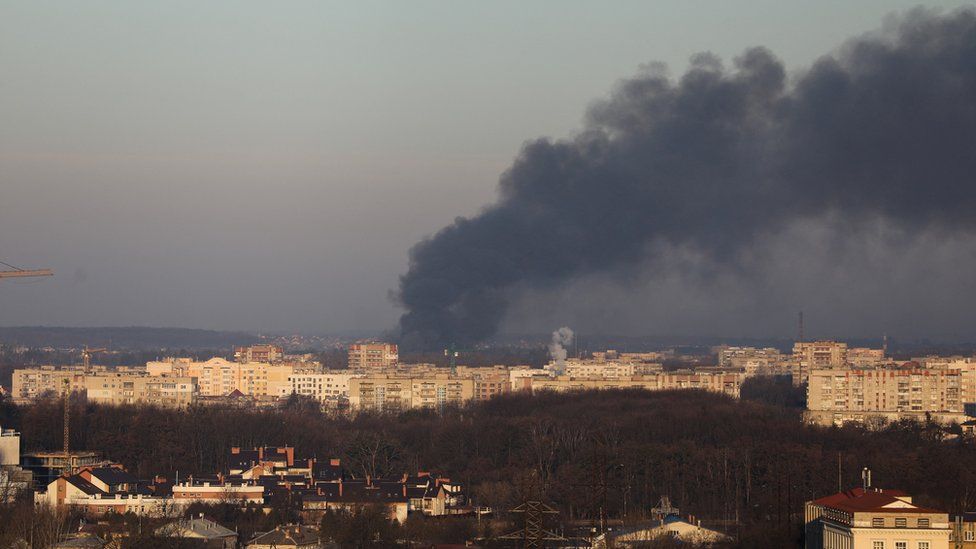 Smoke rises above buildings near Lviv airport