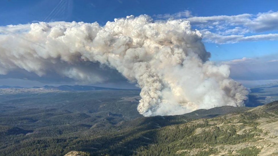 Smoke rises from the Young Creek wildfire (VA1735) in Tweedsmuir Provincial Park, west of Anahim Lake, British Columbia, Canada July 16, 2023.