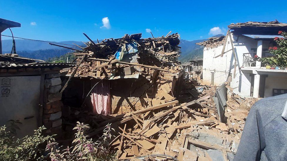Damaged houses lie in ruins, in the aftermath of an earthquake at Pipaldanda village of Jajarkot district on 4 November 2023