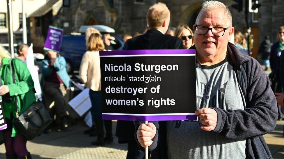 Grassroots women's organisations protest outside the Scottish Parliament in Edinburgh against changes to gender recognition laws, October 2022
