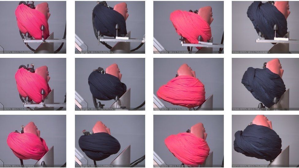 Turbans being tested on a crash test dummy