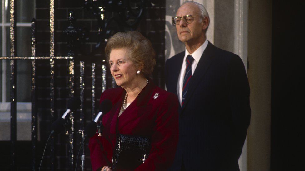 Margaret and Denis Thatcher outside 10 Downing Street