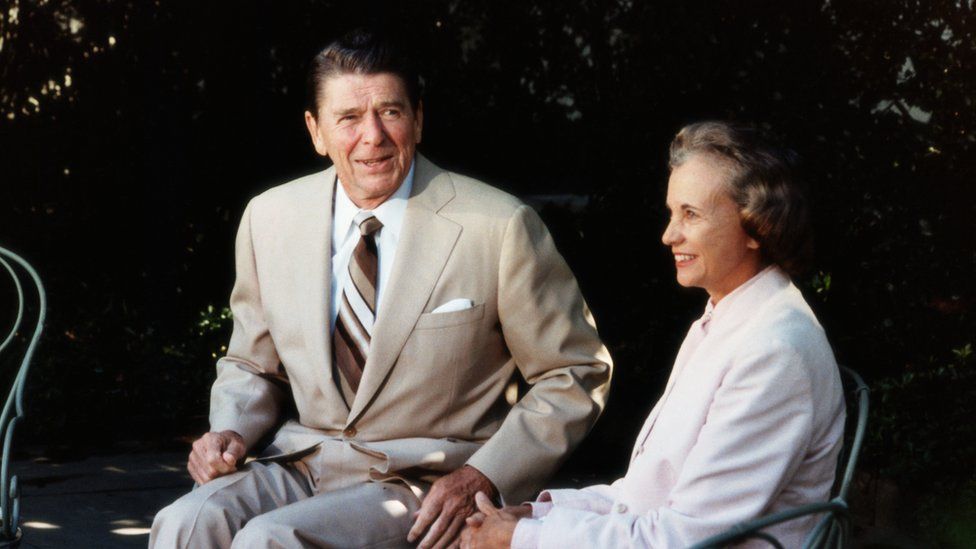 resident Ronald Reagan with Supreme Court Justice Sandra Day O'Connor. O'Connor was Reagan's first appointment to the Supreme Court and the first woman to serve on the Court, meeting on the White House Grounds.