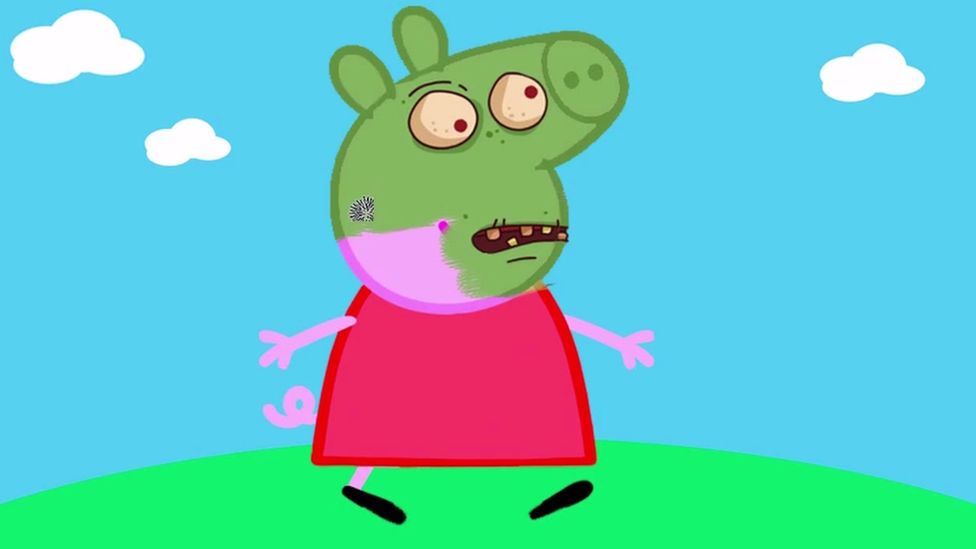 Photo of a copied cartoon of Peppa Pig as a zombie