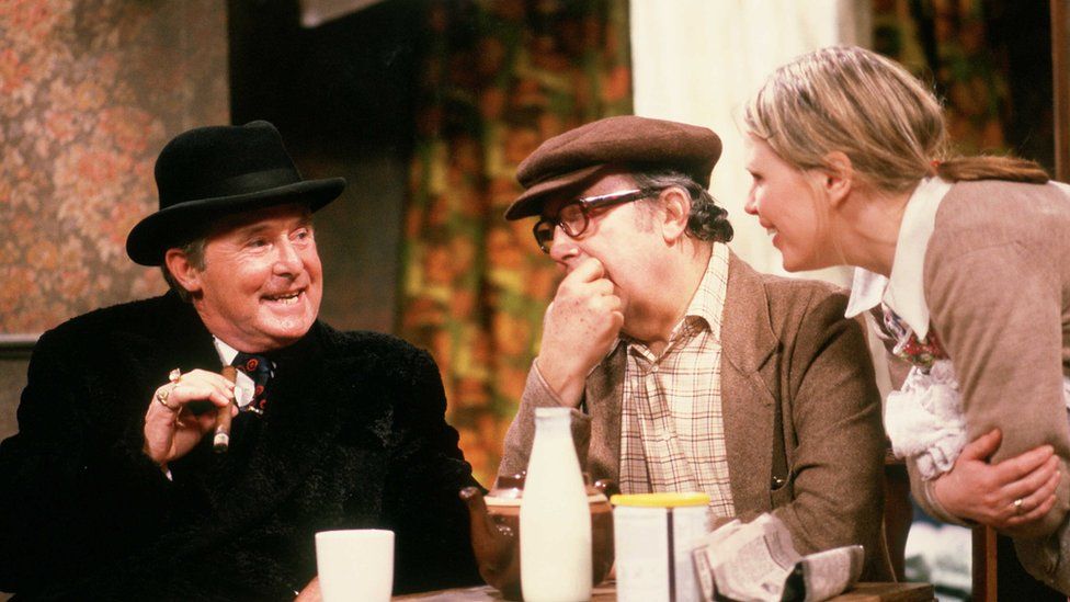 Actress Patricia Brake with Ernie Wise and Eric Morecambe during a sketch on The Morecambe & Wise Show, circa 1983.