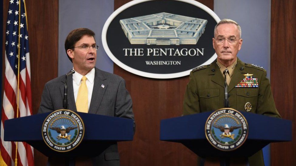 US Secretary of Defence Mark Esper (L) and Chairman of Joint Chiefs of Staff General Joseph Dunford at a press conference in August 2019