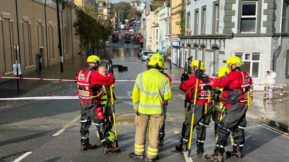 The fire service next to a flooded street in Hastings