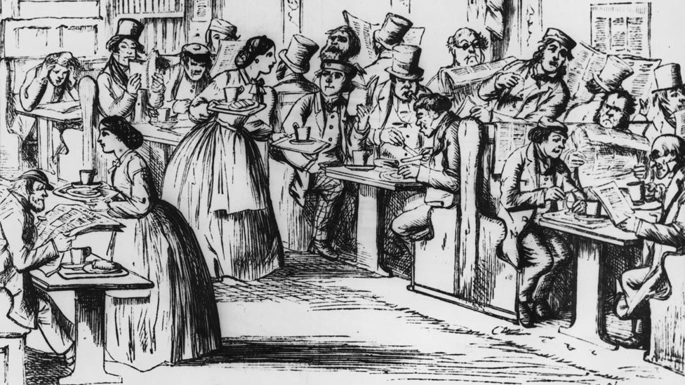 Shipowners and traders meet in shipping agency Lloyd's of London's coffeehouse in 1863