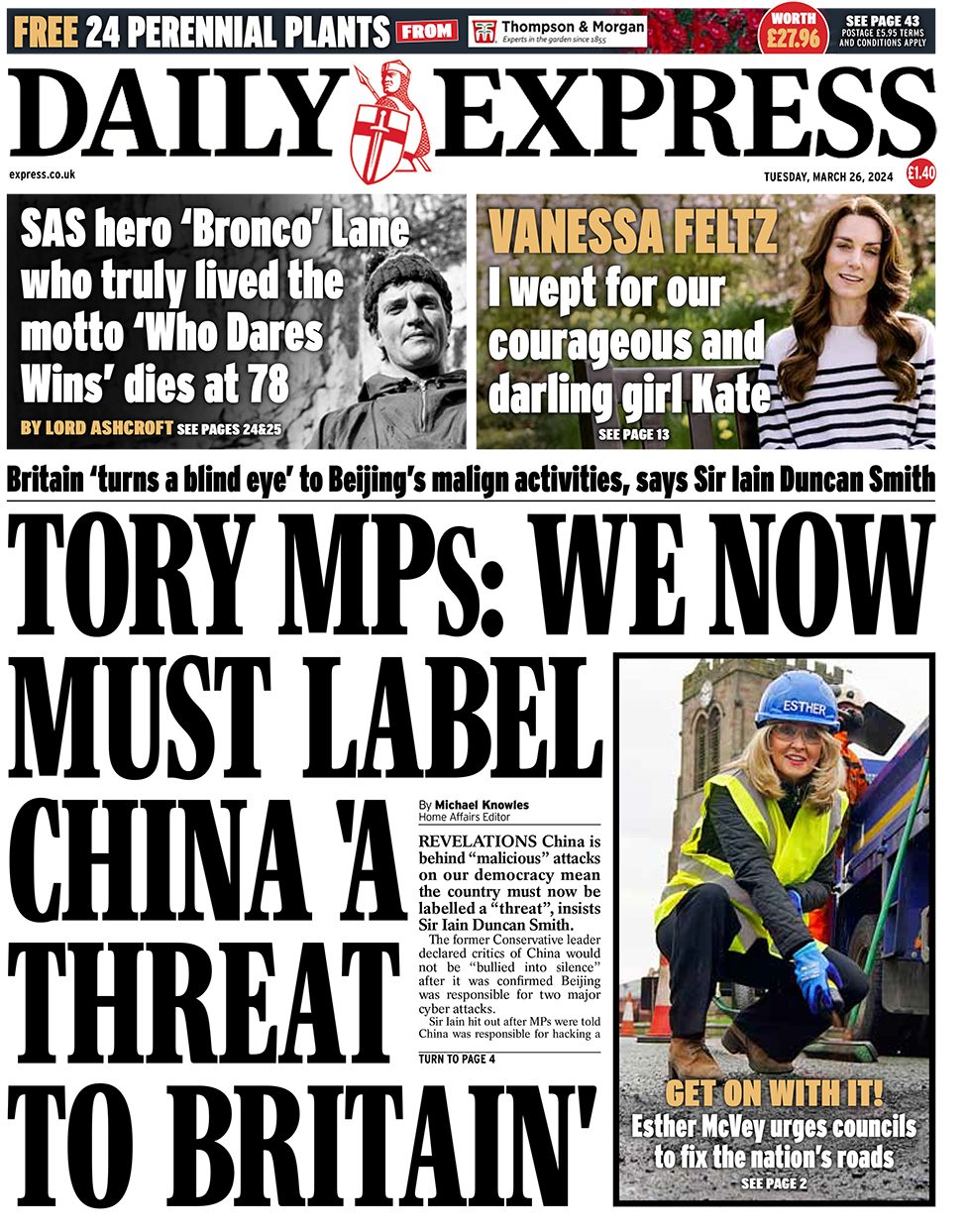 The headline on the front page of the Daily Express reads: "Tory MPs: We now must label China 'a threat to Britain'"